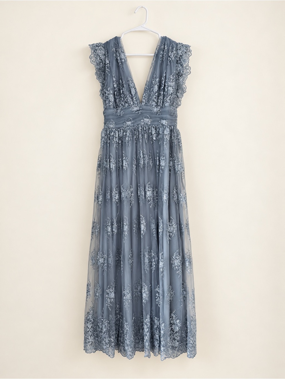 Soieblu XL Dusty Blue Embroidered Lace Ruffle Maxi Dress NWT